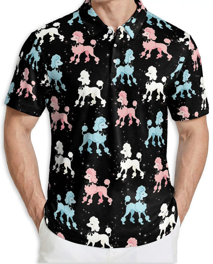 Retro Poodle Polo Shirt for Men-Vintage Pink Blue Poodle Dog Pattern Shirt | Azhawaiian