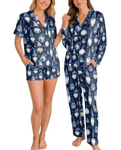 Blue Winter Gnome Pajama Set for Women – Snowflakes & Gift Boxes Print