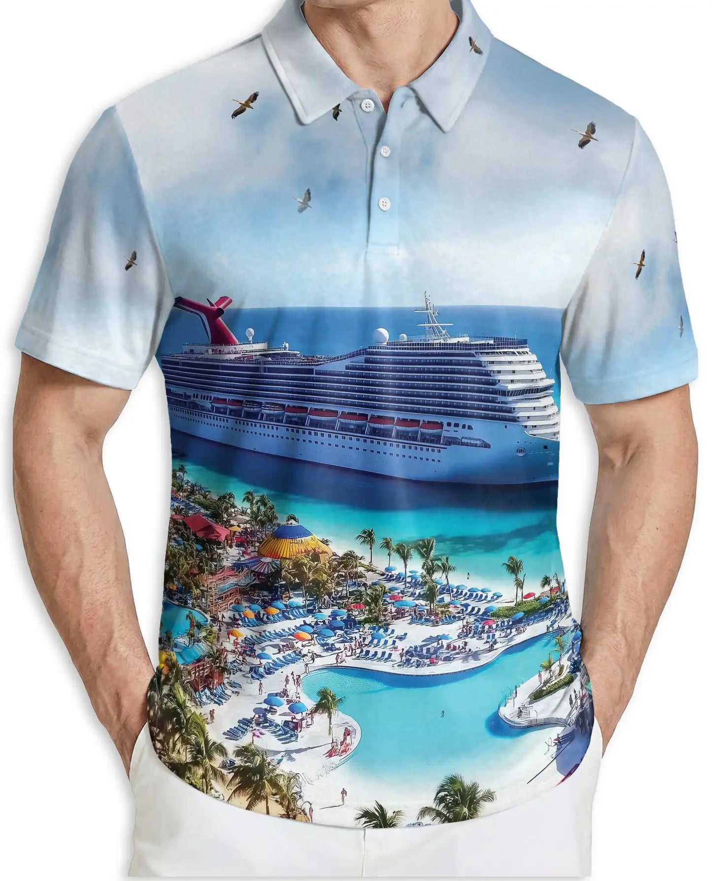Tropical Cruise Ship 3D Polo Shirt for Men, Ocean Vacation Beach Style | Azhawaiian
