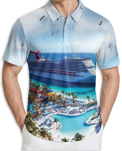 Tropical Cruise Ship 3D Polo Shirt for Men, Ocean Vacation Beach Style | Azhawaiian