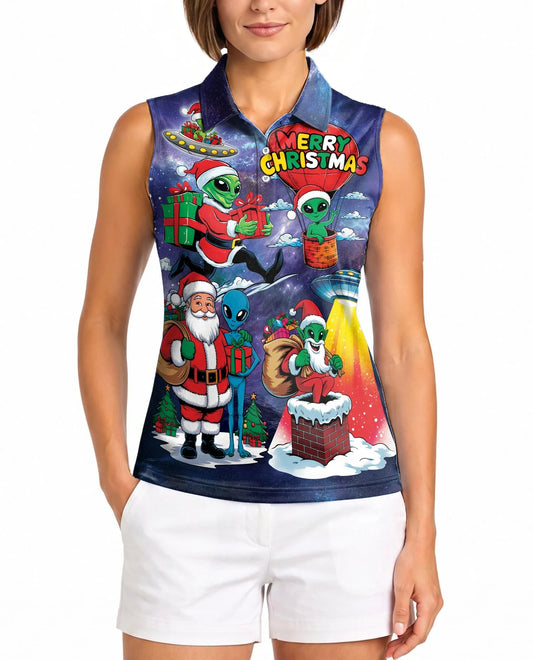 Alien Santas Christmas in the Galaxy Sleeveless Polo Shirt for Women | Azhawaiian
