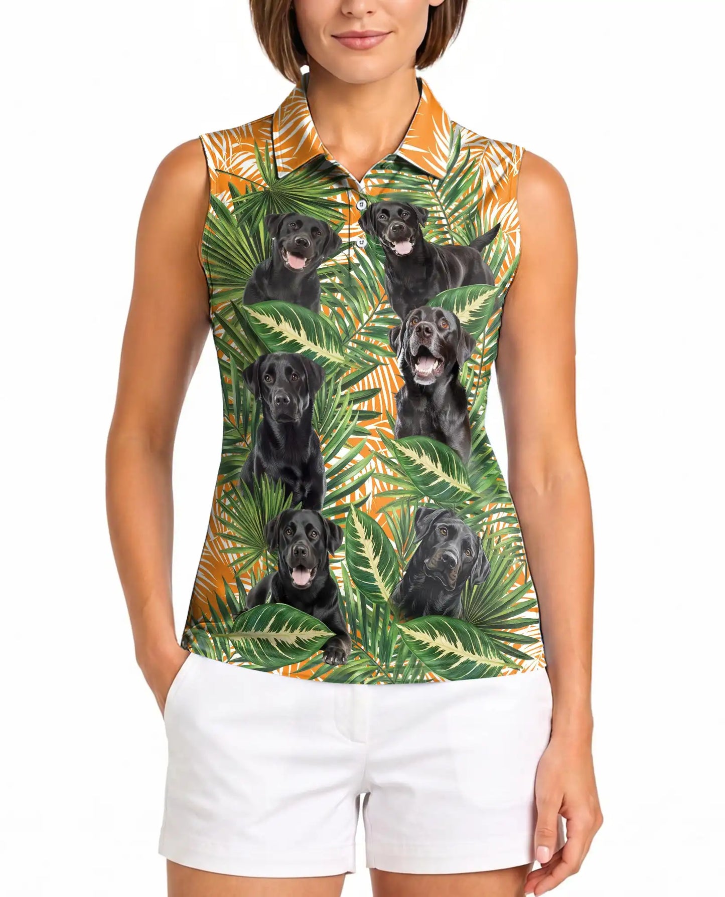 Black Labrador Tropical Sleeveless Polo Shirt for Women, Cute Dog Summer Style | Azhawaiian