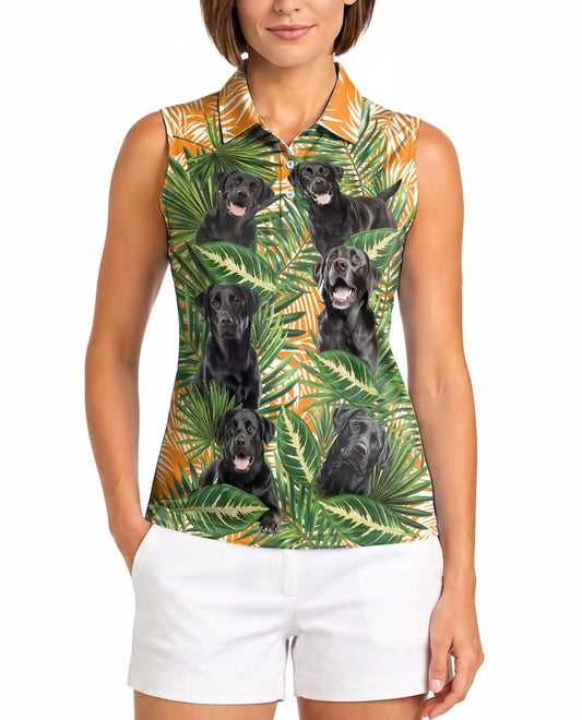 Black Labrador Tropical Sleeveless Polo Shirt for Women, Cute Dog Summer Style | Azhawaiian
