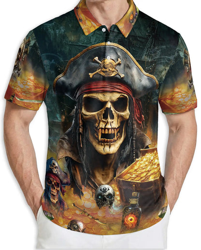 Pirate Skull Polo Shirt, Treasure Hunter Print | Azhawaiian