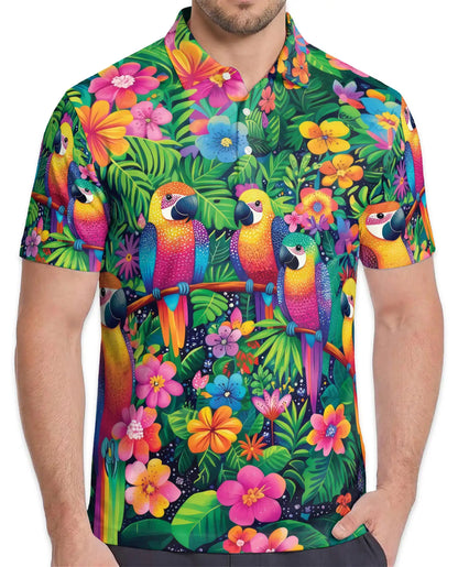 Rainbow Parrot Hawaiian Polo Shirt Tropical Bird Floral Design | Azhawaiian