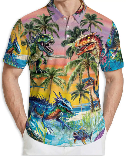 Dinosaur Tropical Polo Shirt, Prehistoric Beach Print | Azhawaiian