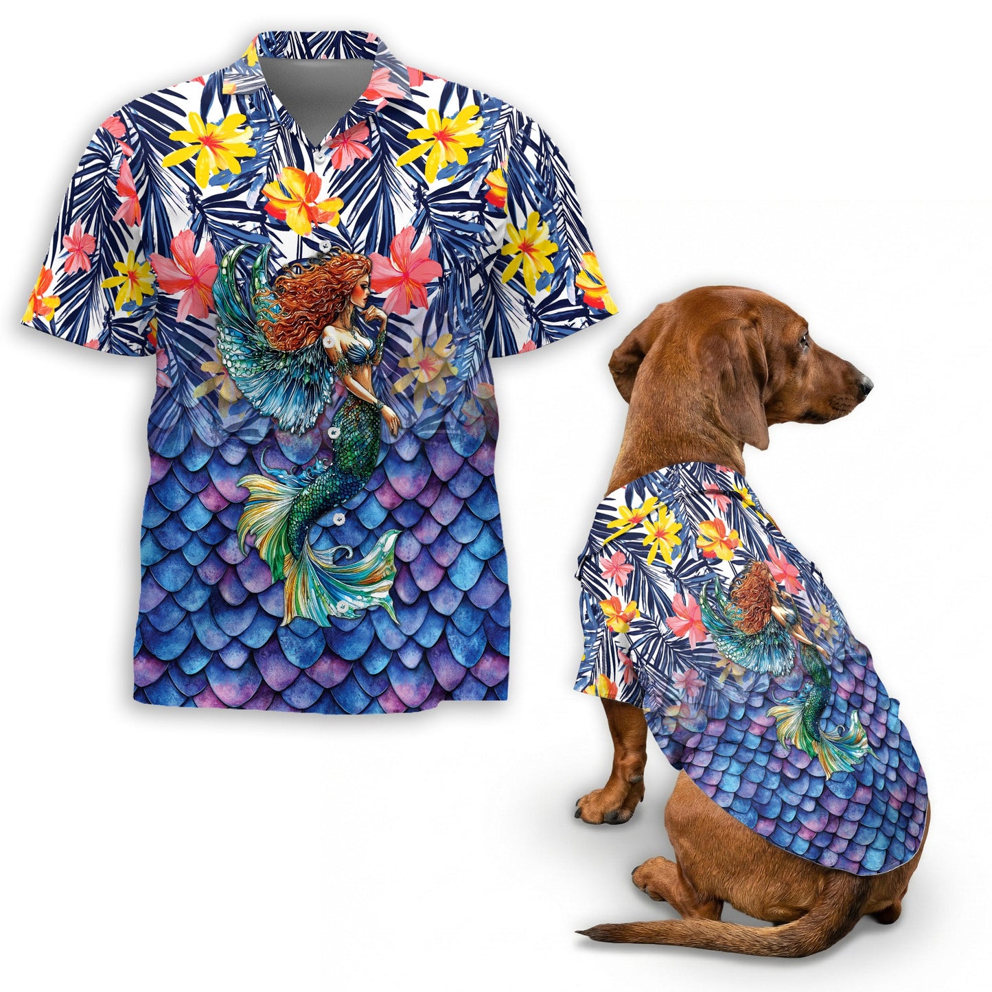 Mermaid Matching Dog Owner Hawaiian Shirts, Funny Pet Aloha Shirt for Beach Vacation - Azhawaiian