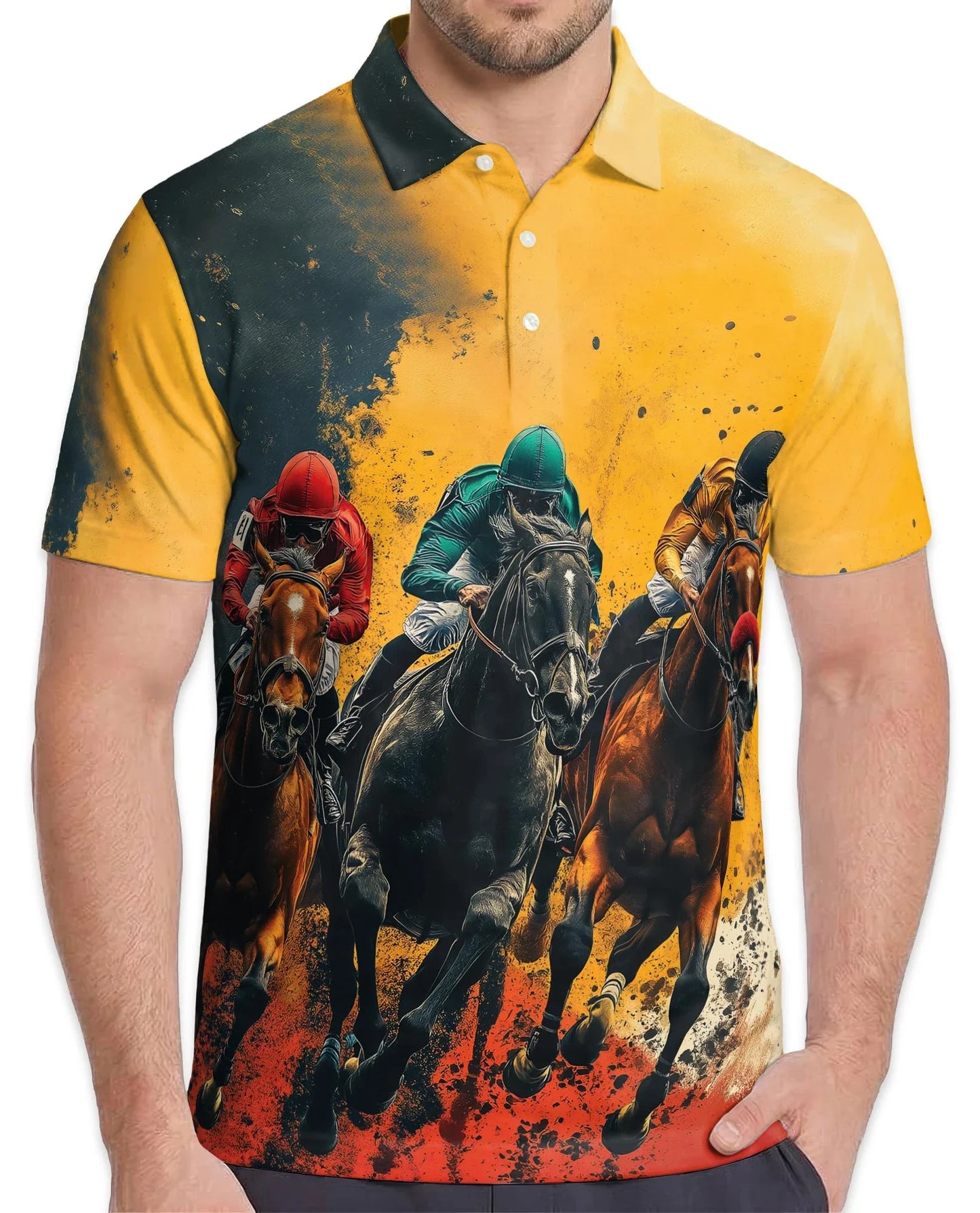 Rustic Racing Horse Polo Shirt for Men, Vintage Equestrian Style | Azhawaiian