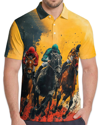 Rustic Racing Horse Polo Shirt for Men, Vintage Equestrian Style | Azhawaiian