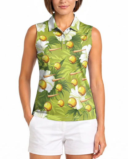 Green Softball and Baseball Bat Tropical Sleeveless Polo Shirt for Women | Azhawaiian