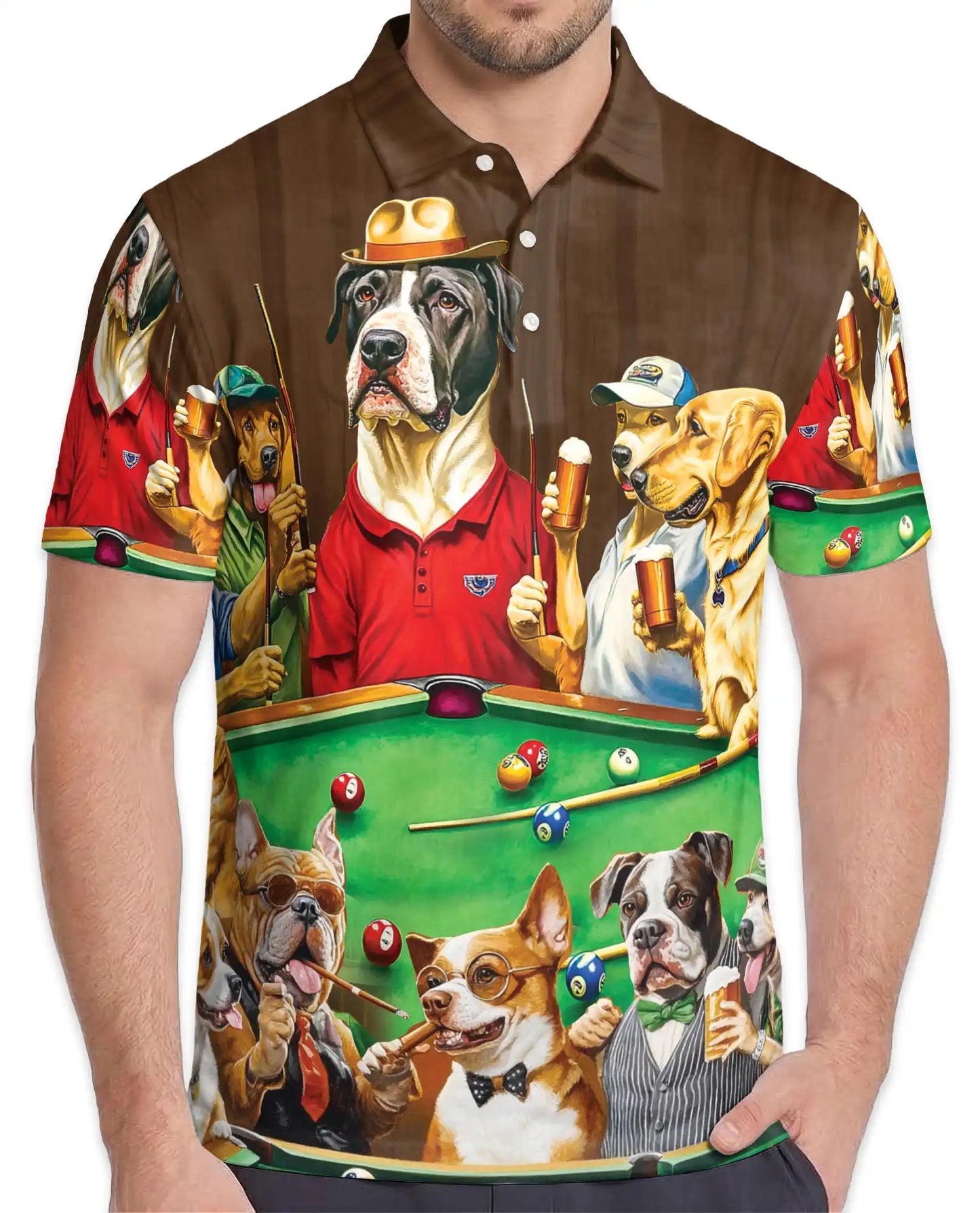 Funny Dogs Playing Pool 3D Polo Shirt for Men, Beer Party Pet Style | Azhawaiian