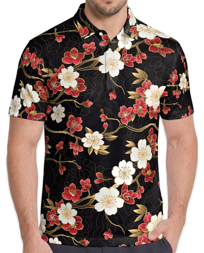 Red Blossom Polo Shirt for Men, Elegant Floral Style | Azhawaiian