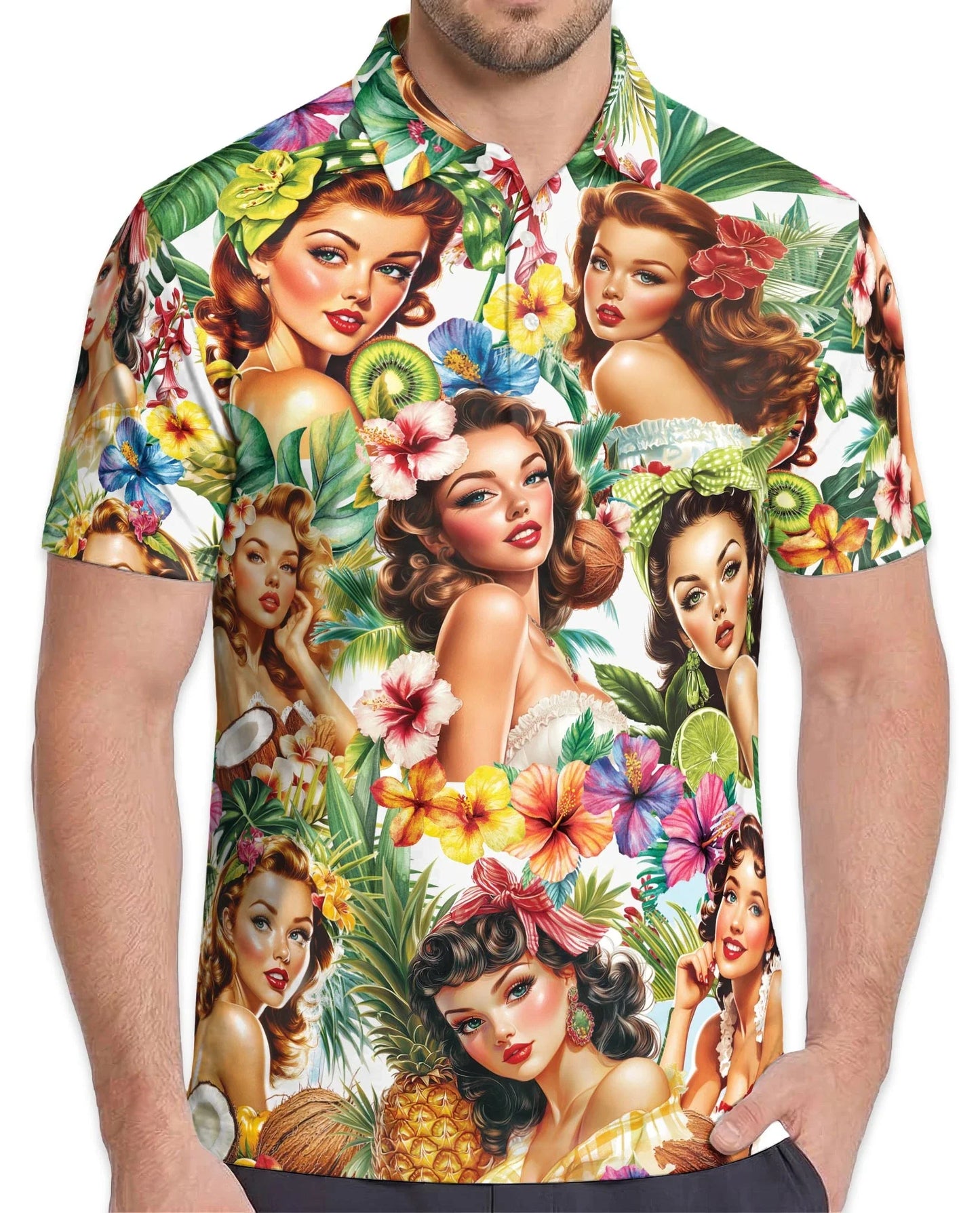 Tropical Pinup Girl Polo Shirt for Men, Retro Summer Beach Style | Azhawaiian