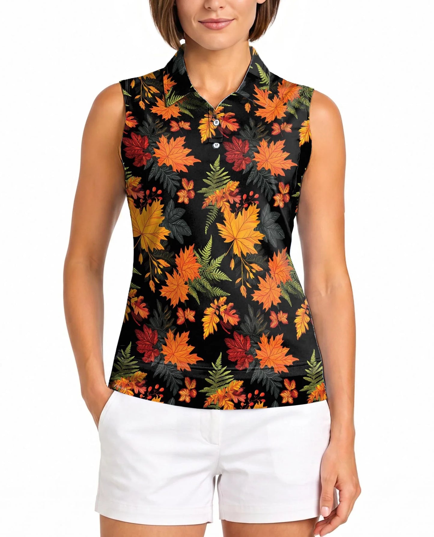 Autumn Maple Leaf Pattern Sleeveless Polo Shirt for Women | Azhawaiian
