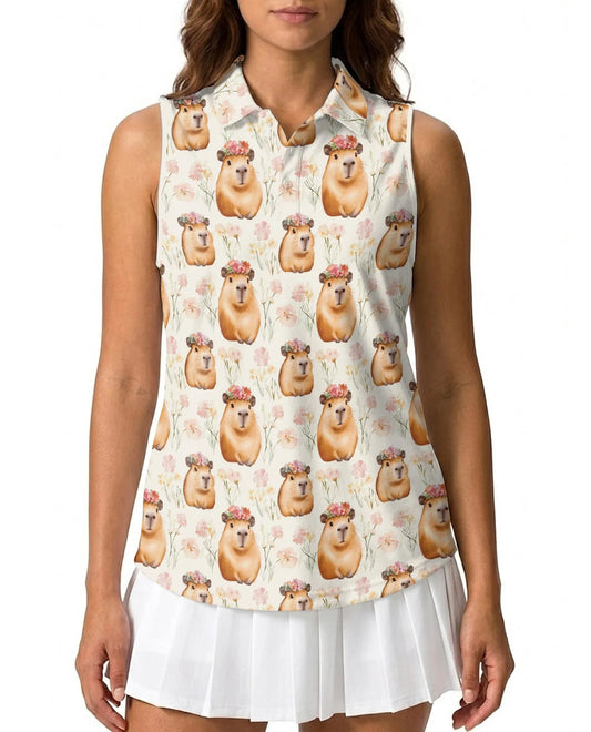 Capybara Flower Crown Sleeveless Polo Shirt for Women | Azhawaiian