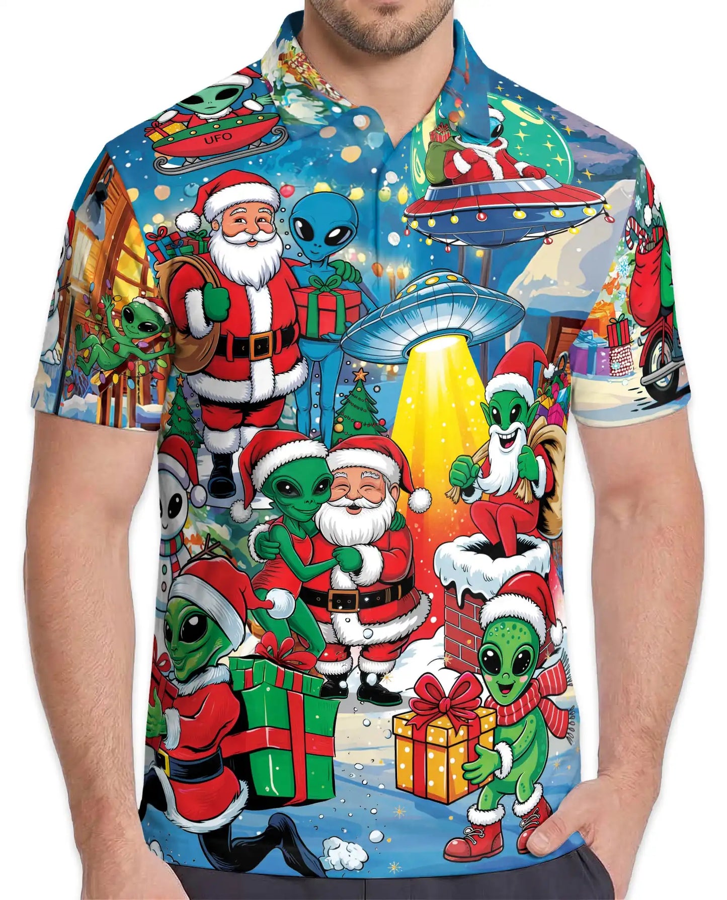 Funny Alien Santa 3D Polo Shirt for Men, Christmas UFO Galaxy Style | Azhawaiian