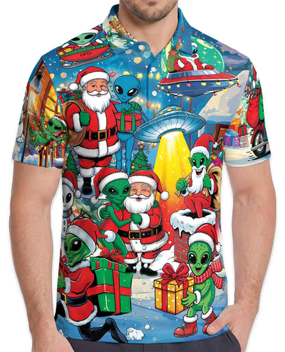 Funny Alien Santa 3D Polo Shirt for Men, Christmas UFO Galaxy Style | Azhawaiian