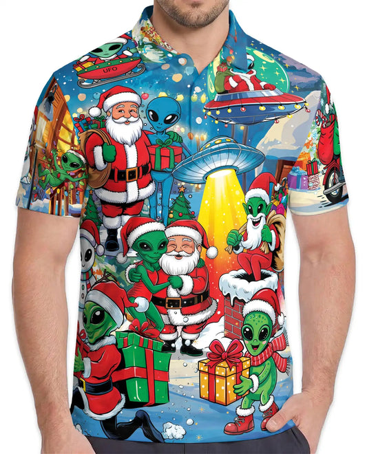 Funny Alien Santa 3D Polo Shirt for Men, Christmas UFO Galaxy Style | Azhawaiian