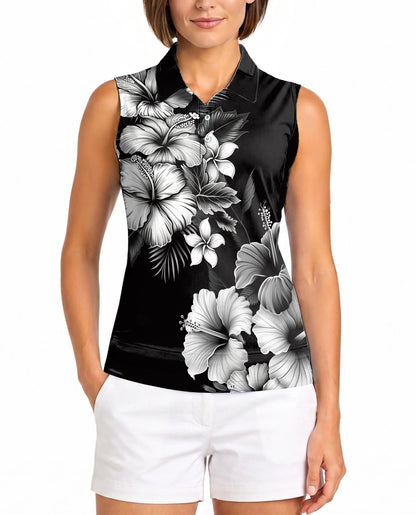 Black And White Hibiscus Sleeveless Polo Shirt for Women, Tropical Floral Style | Azhawaiian