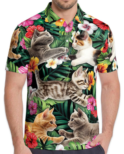Cat Tropical Floral Polo Shirt for Men, Cute Animal Summer Style | Azhawaiian