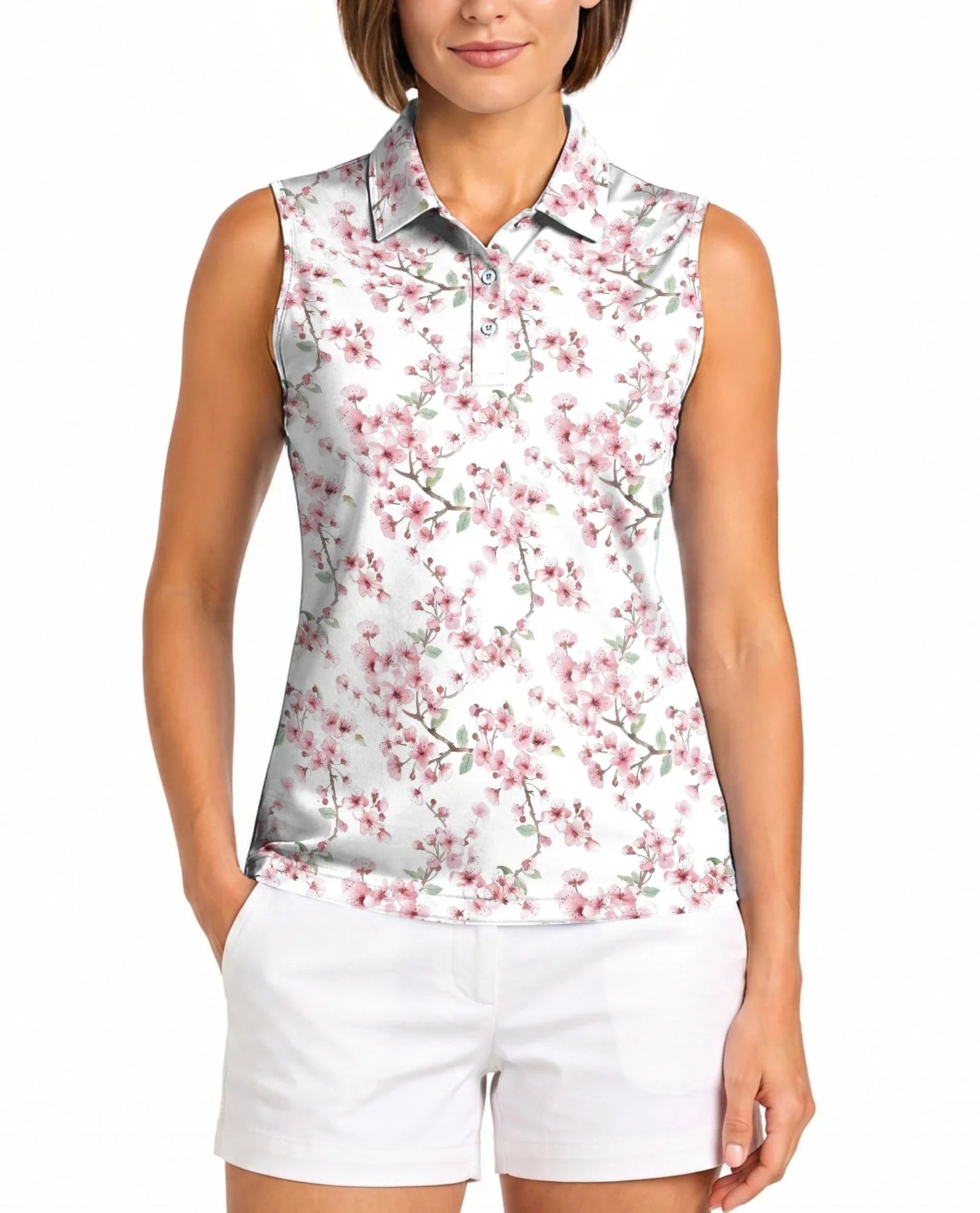 Cherry Blossom Sleeveless Polo Shirt for Women, Elegant Floral Spring Style | Azhawaiian