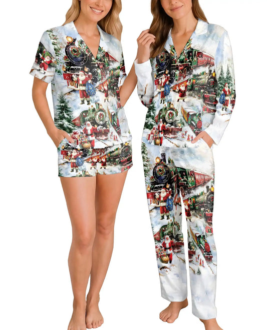 Santa Christmas Train Pajama Set for Women – Vintage Holiday Print