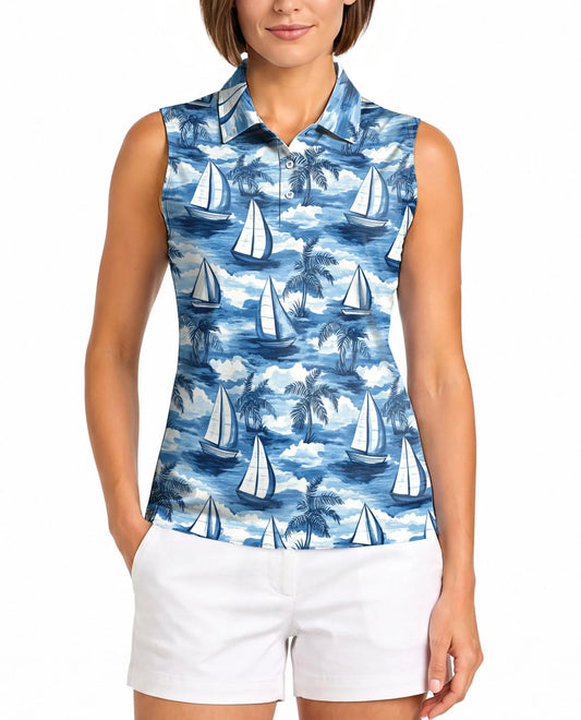 Sailboat Pattern Sleeveless Polo Shirt for Women | Azhawaiian