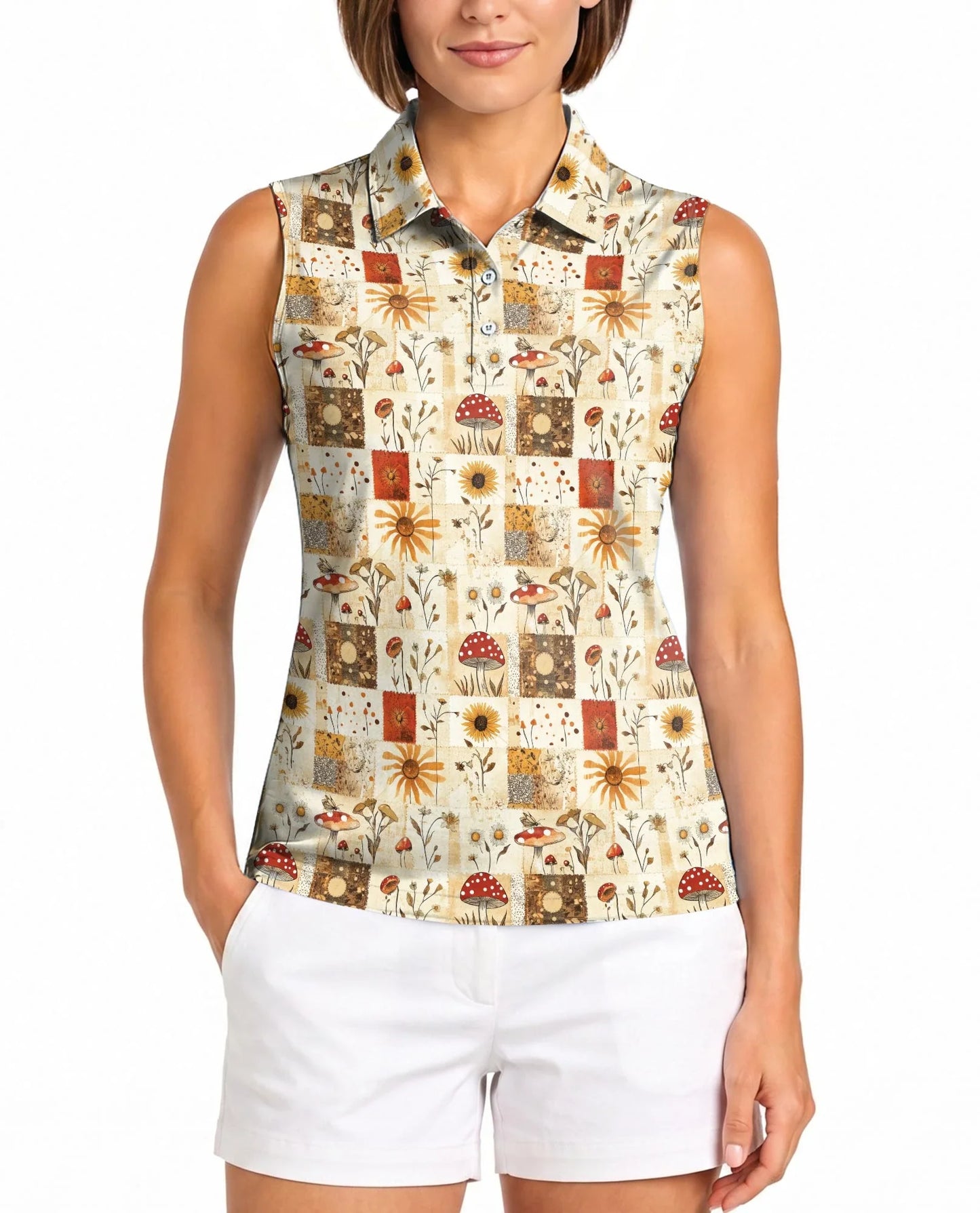Vintage Mushroom Pattern Sleeveless Polo Shirt for Women, Nature Retro Style | Azhawaiian