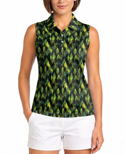 Pine Tree Pattern Sleeveless Polo Shirt for Women, Nature Outdoor Style | Azhawaiian