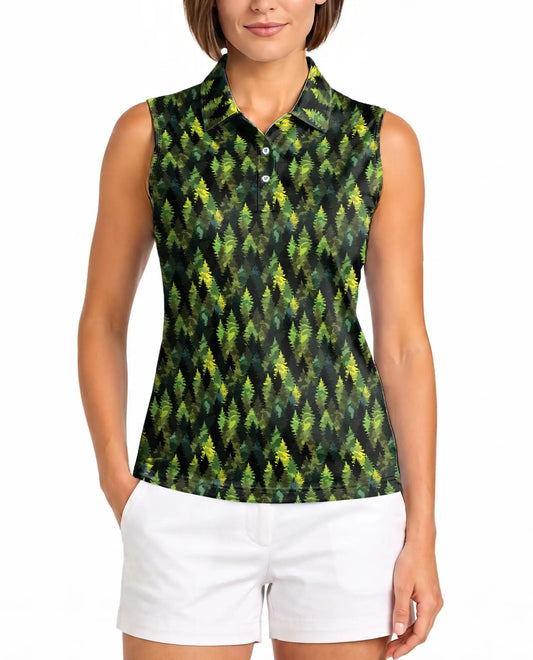 Pine Tree Pattern Sleeveless Polo Shirt for Women, Nature Outdoor Style | Azhawaiian