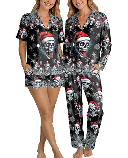 Christmas Skull Pajama Set for Women, Santa Skull Holiday Sleepwear with Winter Design