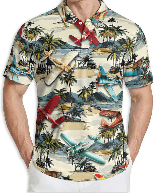 Vintage Airplane Retro 3D Polo Shirt for Men, Tropical Beach Island Style | Azhawaiian