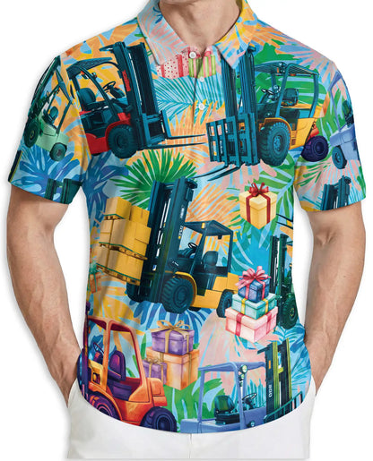 Forklift Tropical Warehouse 3D Polo Shirt for Men, Funny Logistics Worker Style | Azhawaiian