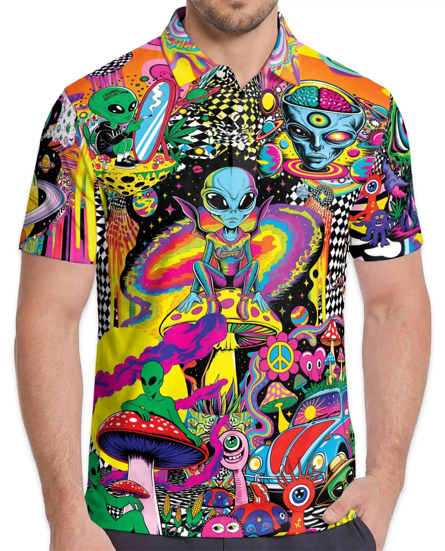 Alien Galaxy 3D Polo Shirt for Men, Psychedelic Alien Print | Azhawaiian