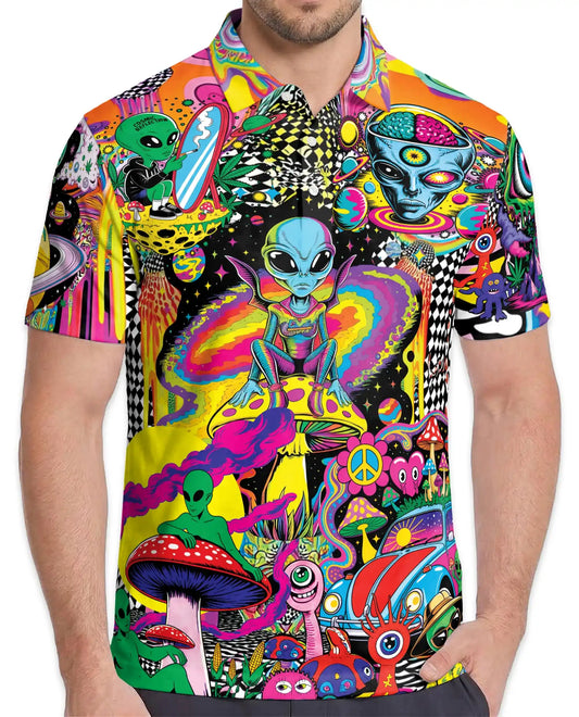Alien Galaxy 3D Polo Shirt for Men, Psychedelic Alien Print | Azhawaiian