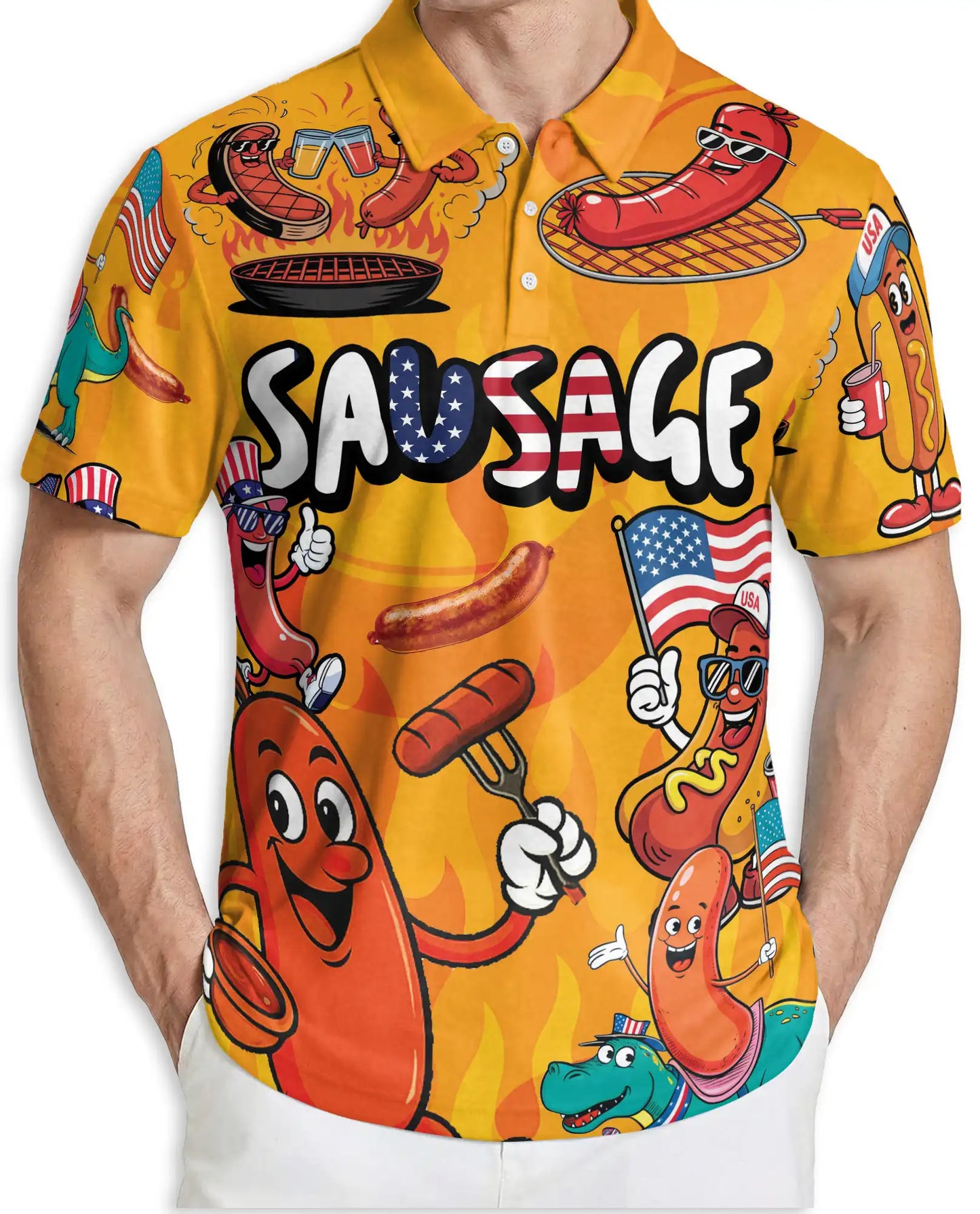 Funny Sausage Polo Shirt, Patriotic BBQ Cartoon Print | Azhawaiian