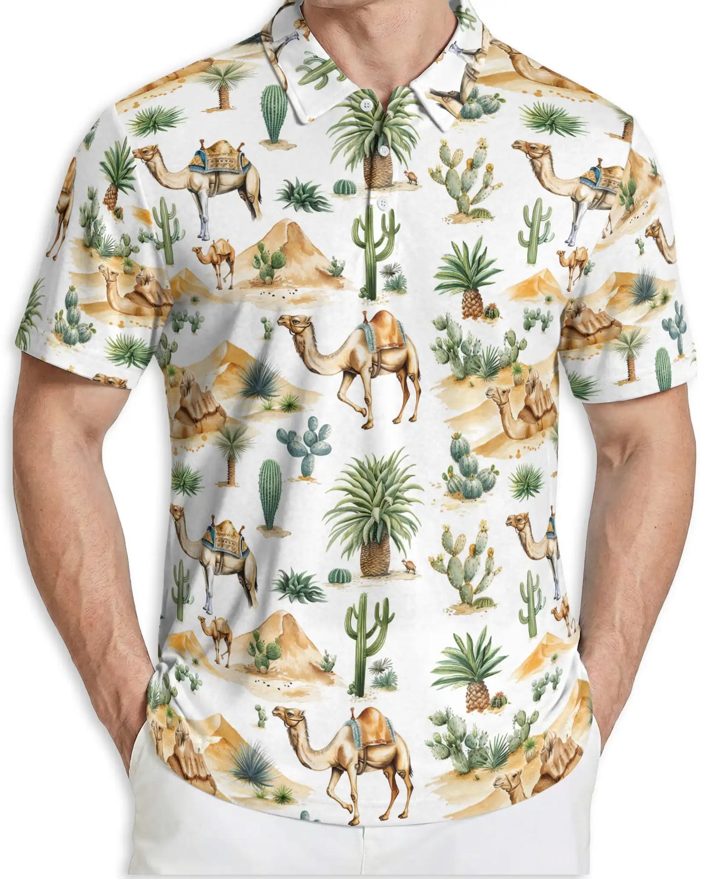 Desert Camel 3D Polo Shirt for Men, Safari Cactus Tropical Style | Azhawaiian