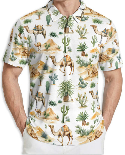 Desert Camel 3D Polo Shirt for Men, Safari Cactus Tropical Style | Azhawaiian