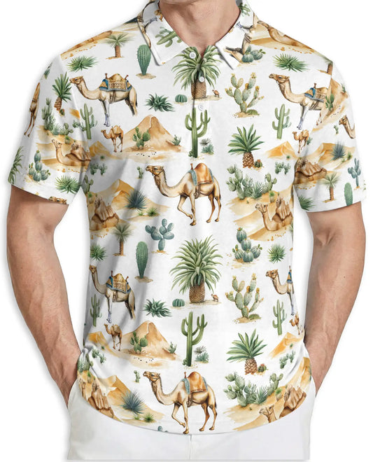 Desert Camel 3D Polo Shirt for Men, Safari Cactus Tropical Style | Azhawaiian
