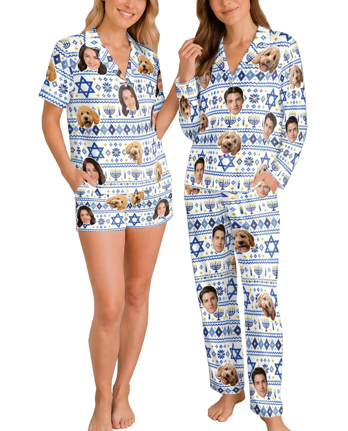 Personalized Hanukkah Photo Pajamas for Women – Custom Face & Pet Diamond Fair Isle