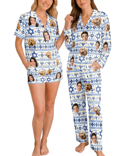 Personalized Hanukkah Photo Pajamas for Women – Custom Face & Pet Diamond Fair Isle