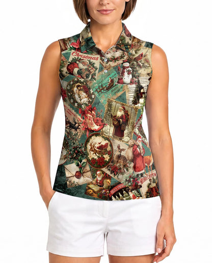 Vintage Christmas Collage Sleeveless Polo Shirt for Women | Azhawaiian