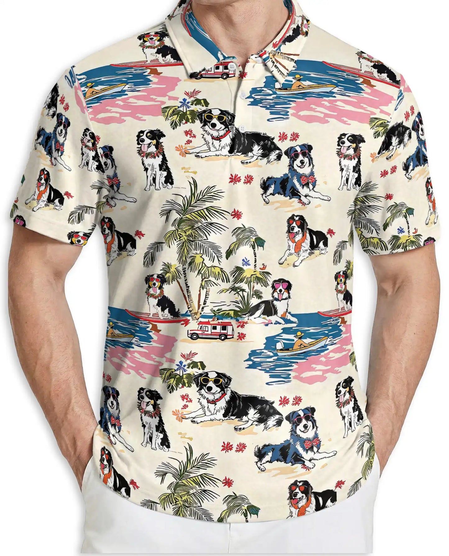 Australian Shepherd Dog Polo Shirt, Tropical Beach Print | Azhawaiian