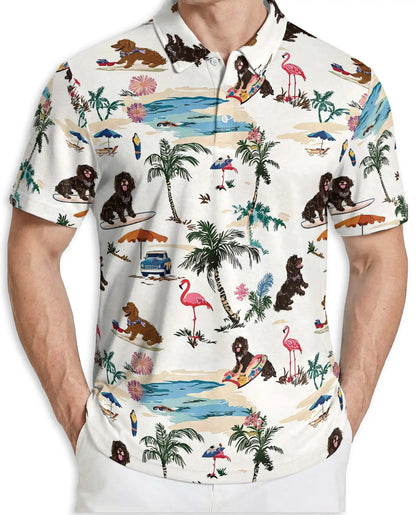 Newfoundland Dog Polo Shirt, Tropical Beach Print | Azhawaiian