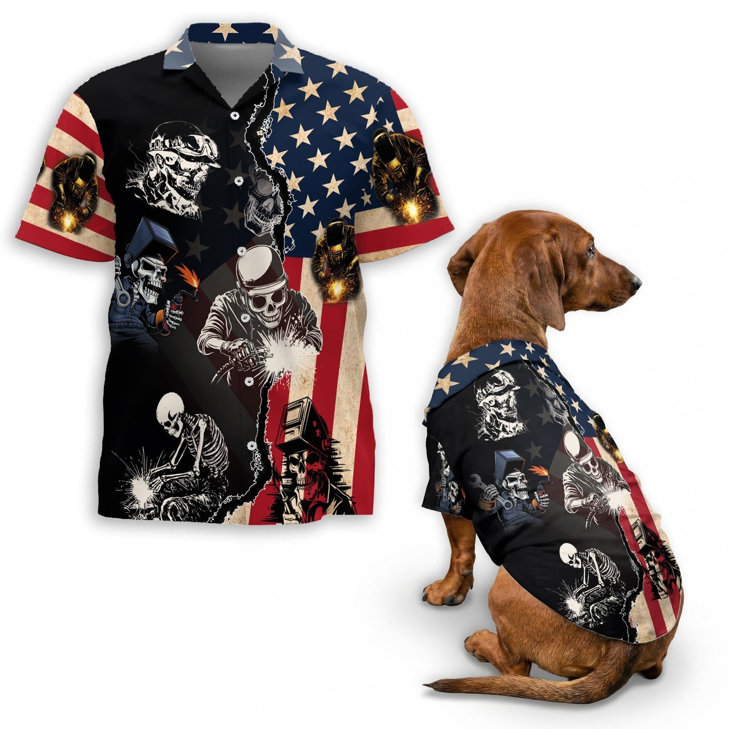 Patriotic Welder Matching Dog Owner Hawaiian Shirts, Funny Pet Aloha Shirt for Beach Vacation - Azhawaiian