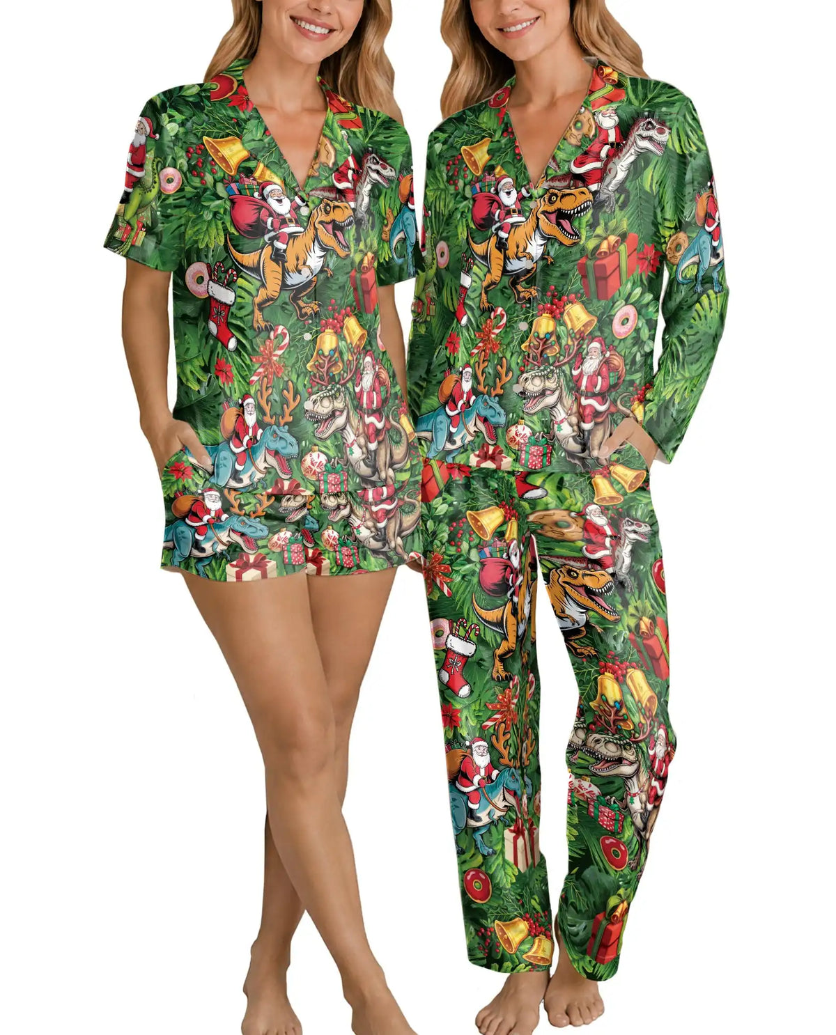 Santa Dinosaur Christmas Pajama Set for Women – T-Rex Holiday Print