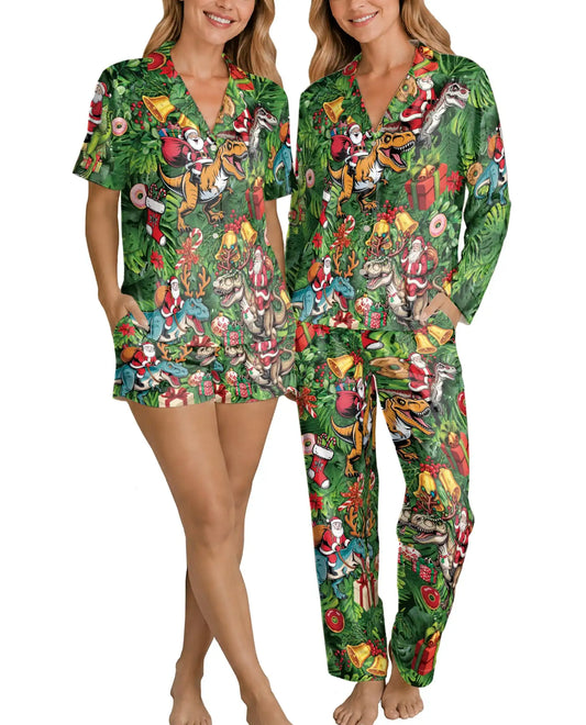 Santa Dinosaur Christmas Pajama Set for Women – T-Rex Holiday Print
