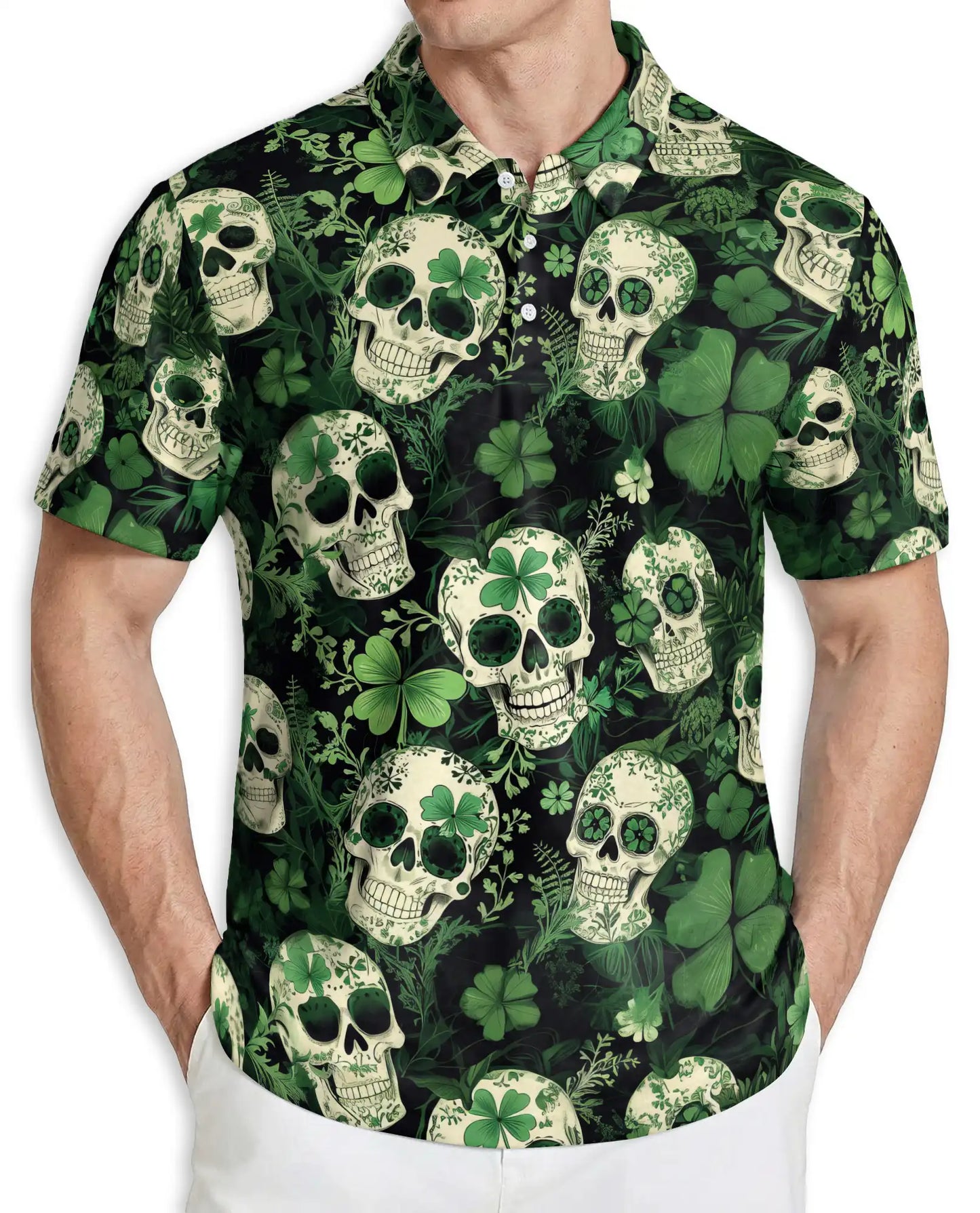 St. Patrick’s Day Skull Shamrock Polo Shirt | Azhawaiian