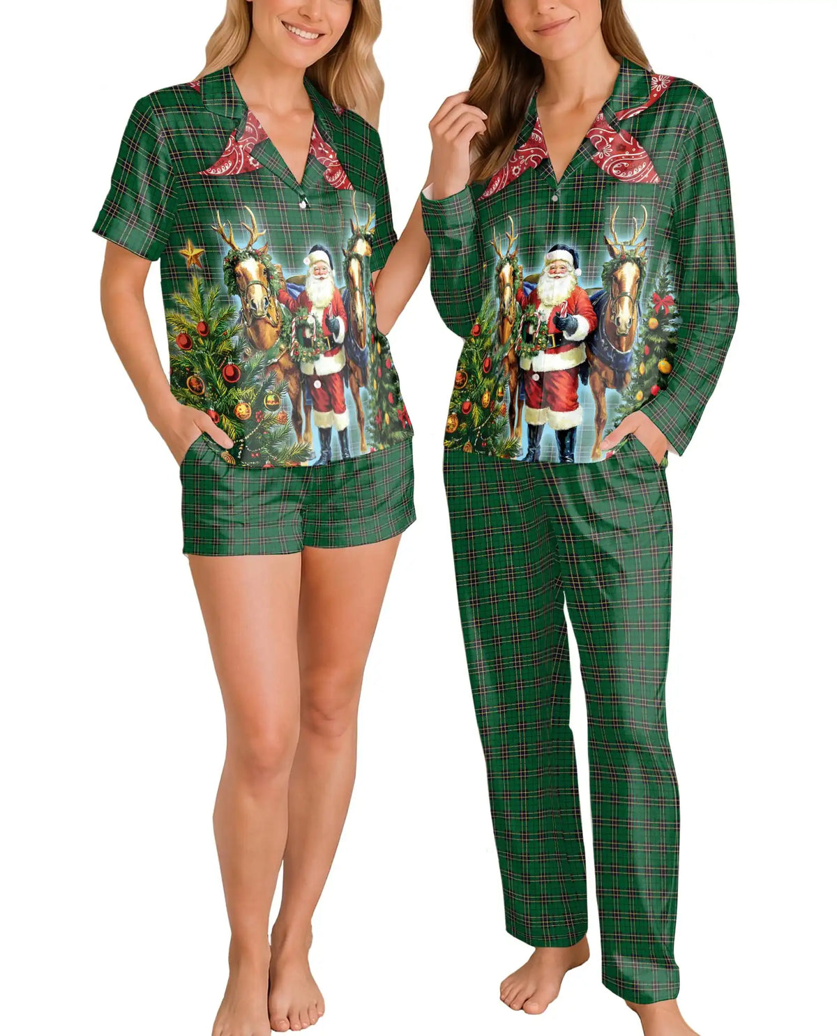 Plaid Santa Christmas Pajama Set for Women – Festive Horse Print