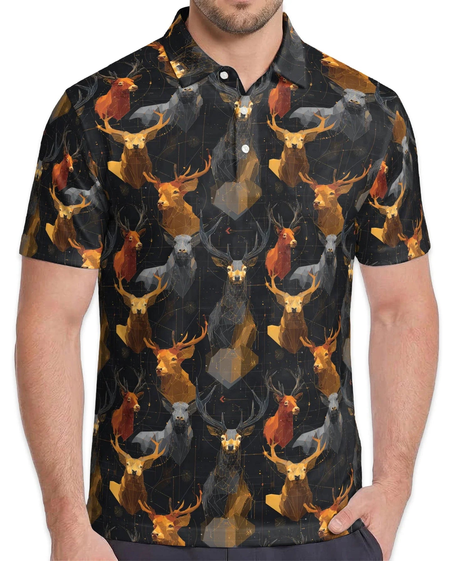 Geometric Deer Polo Shirt for Men, Modern Wildlife Style | Azhawaiian